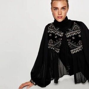 Zara Small Black Embroidered Velvet Balloon Sleeve Top - Bolero Jacket